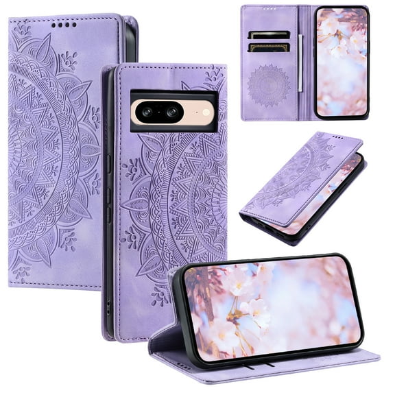Case for Google Pixel 8 Wallet Case for Women Girls with Card Holder, Embossed Flower Pattern Magnetic Flip PU Leather Purse Protective Phone Cover for Google Pixel 8, Purple