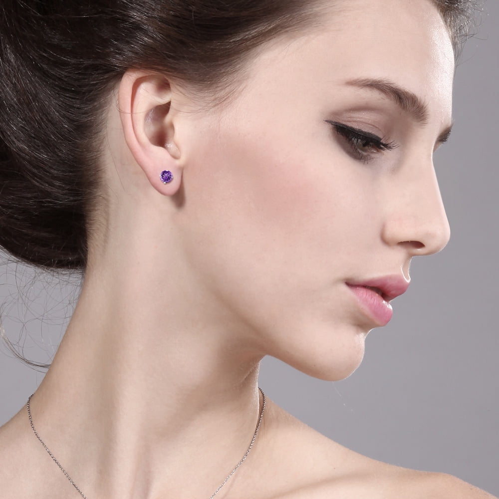 Gem Stone King 10K White Gold Purple Amethyst 4-prong Stud Earrings for Women Men (0.50 Cttw, Gemstone Birthstone, Round 4MM)