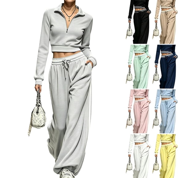WULMLEO Womens 2 Piece Tracksuit Outfits Quarter Zip Long Sleeve Crop Top And Drawstring Wide Leg Pants Loungewear Sets With Pockets Light Gray M