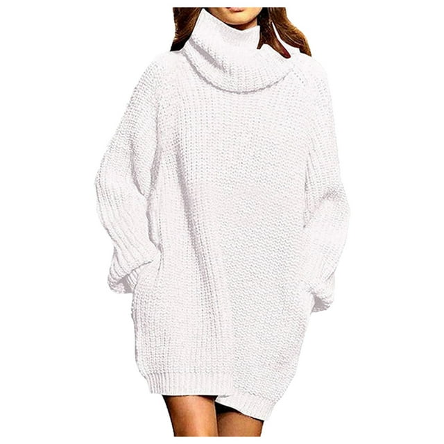 Aocisk Robe à Col Roulé pour Femmes avec Poches, Robe Midi à Manches Longues pour l'Automne et l'Hiver, Blanc, P