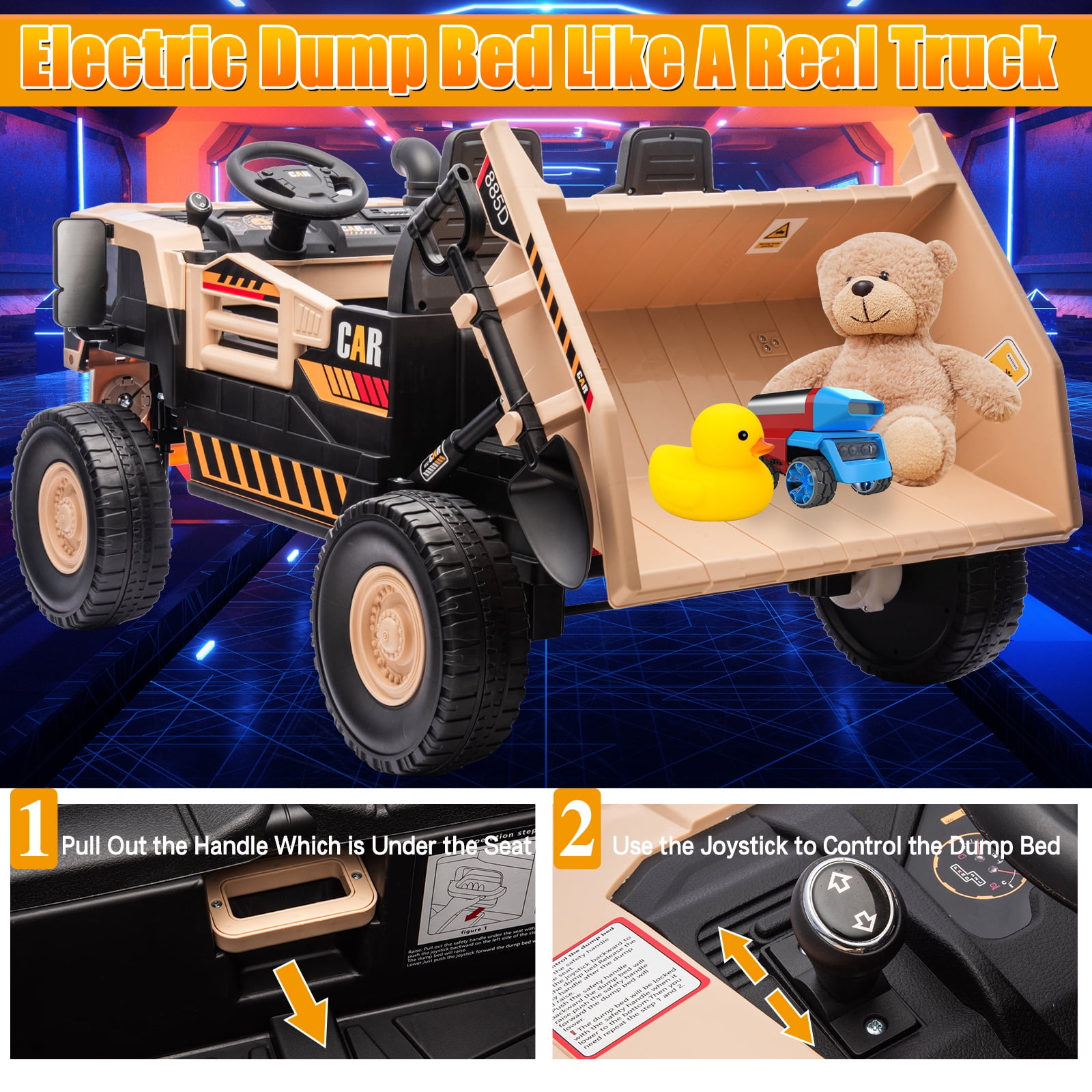 FINITO 12V 10Ah Ride on Tor for Toddlers, Powerful 4 Wheels Electric Dump Truck, 2 Seater Kids Ride on Car w/Parent Remote Control, Khaki