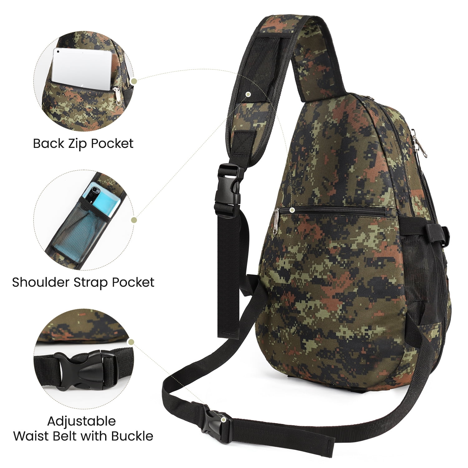 New York Xpress Camo Sling Bag Expandable 14–25L Daypack for Travel Hiking Cycling, ArmyGreen,118