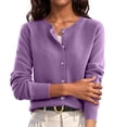 thumbnail image 2 of Women Button Down Knit Cardigan Long Sleeve Crew Neck Basic Layering Knitted Sweater Tops Purple L, 2 of 6