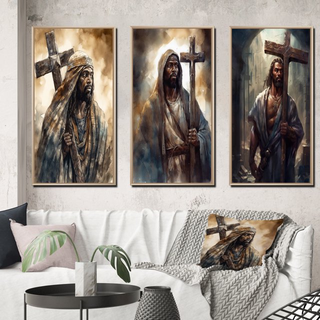 Designart "Jesus with Cross in Black III" Religious Landscape Framed Wall Art Set Of 3 - Black Religious Landscape Frame Gallery Wall Set For Home Decor