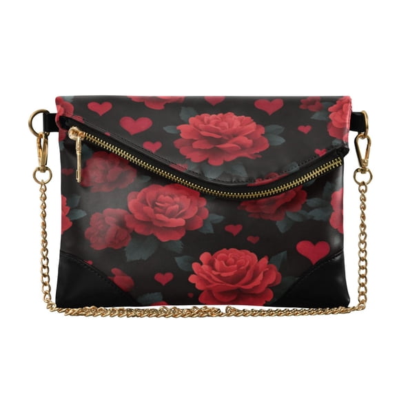 Women Clutch Purse Elegant Crossbody Shoulder Bag with Wristlet & Crossbody Strap Red Roses and Hearts Pattern