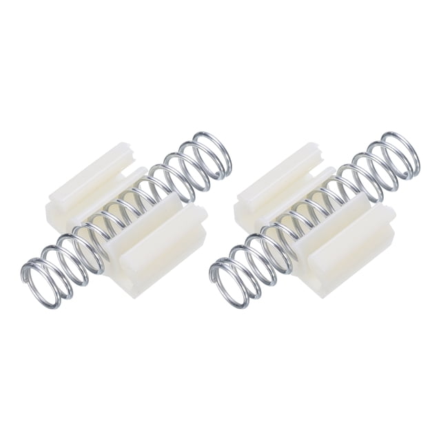 2pcs Bifold Door Hardware, 1.5 Inch Bi-fold Closet Door Hardware Repair Spring. The image displays two durable bifold door pivot springs made of metal and white hard plastic. These springs feature a silver tone and are designed for smooth, noise-free operation. They are waterproof, rust-proof, and easy to install, ideal for repairing bifold closet doors and sliding doors.