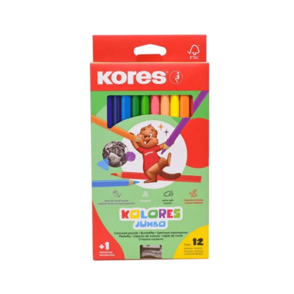 12 Colores Triangulares Jumbo Kores Punta 5mm Sacapuntas