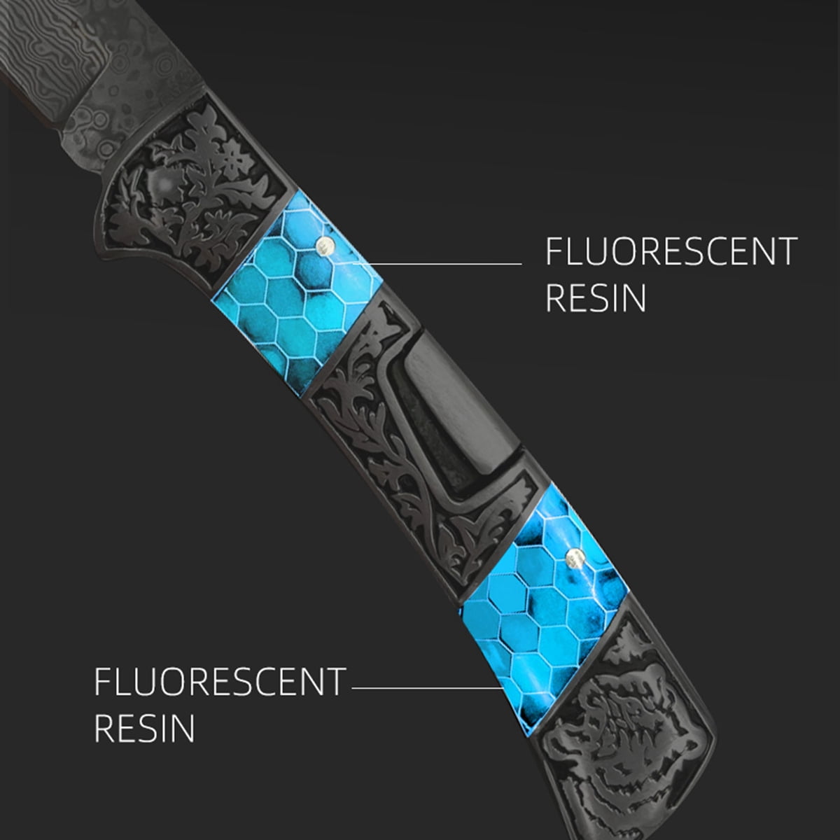 Grow In The Dark Luminous Damascus Pocket Folding Knife Resin Handle With Aluminum Mesh Honeycomb Pattern, Handmade Men Gifts 1pcs