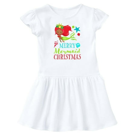

Inktastic Merry Mermaid Christmas with Red Hair and Dark Skin Tone Gift Baby Girl Dress