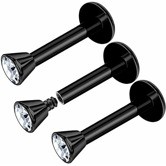 BodyJewelryOnline 3 Pack Labret Flat Back IP Black Anodized Clear CZ Surgical Steel 16g Works for Most Ear, Lip, Chin, Cartilage Piercings