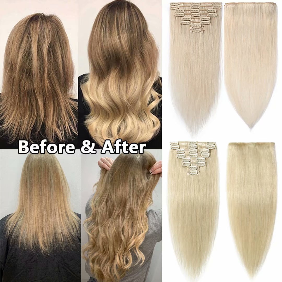 MY-LADY Clip in 100% Remy Human Hair Extensions 8Pcs Full Head Weft Highligh Hairpiece Balayage Blonde Long Straight