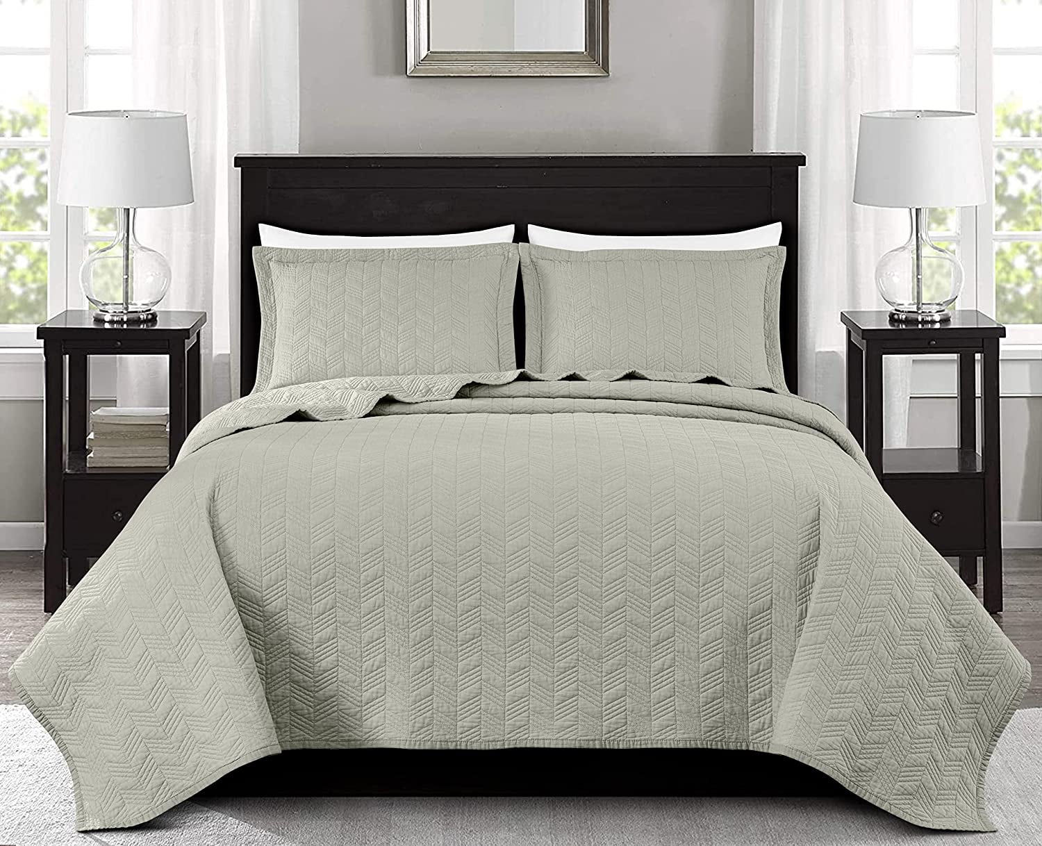 Chezmoi Collection Roswell 3Piece 100 Cotton Quilt Set Queen Size, Natural, Geometric Striped