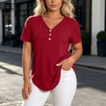 thumbnail image 4 of Women's Short Sleeve Curved Hem Shirts Summer Oversized V-Neck Button Down T-Shirt Casual Plain Daily Wear Tops Red, 4 of 7