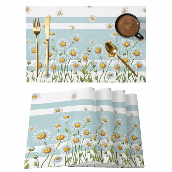 Spring Daisy Placemats Set of 8, Watercolor Botanical Florals Aqua Stripes Placemats for Dining Table, Place Mats for Kitchen Tabletop, Waterproof Wipeable Dining Table Mats Set