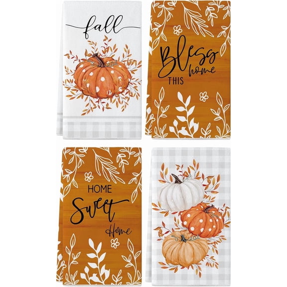 SM-XLHN Fall Kitchen Towels 18x26 Inch Set of 4, Buffalo Plaid Orange Pumpkin Fall Dish Towels Farmhouse Seasonal Autumn Thanksgiving Home Kitchen Decor