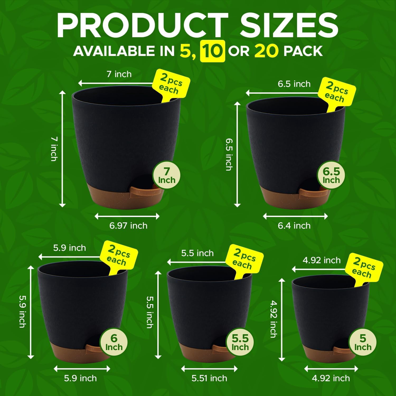 Campior Self-Watering Planters, 5 Sizes with Drainage Holes & Wick Rope, Pack of 10, Black