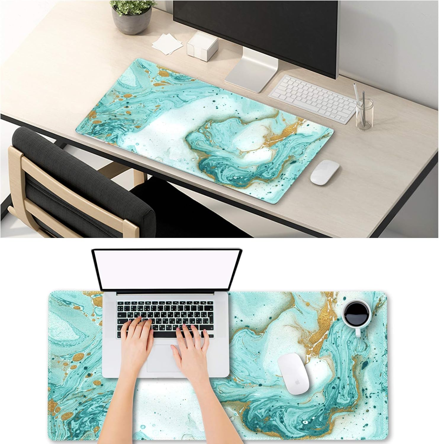 XXL Extended Gaming Mouse Pad - Teal Turquoise Marble Large Keyboard Mat, Non-Slip Rubber Base, Stitched Edges, Perfect for Work, Game, Office, Home, 35.1x15.7 Inch