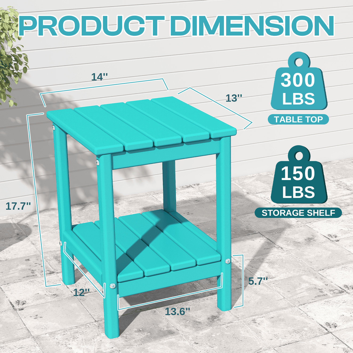 Pipopa Adirondack Outdoor Side Table Set of 2,HDPE All Weather Double Layer Patio Side Table,Rectangular End Table for Garden Balcony Pool,Aqua