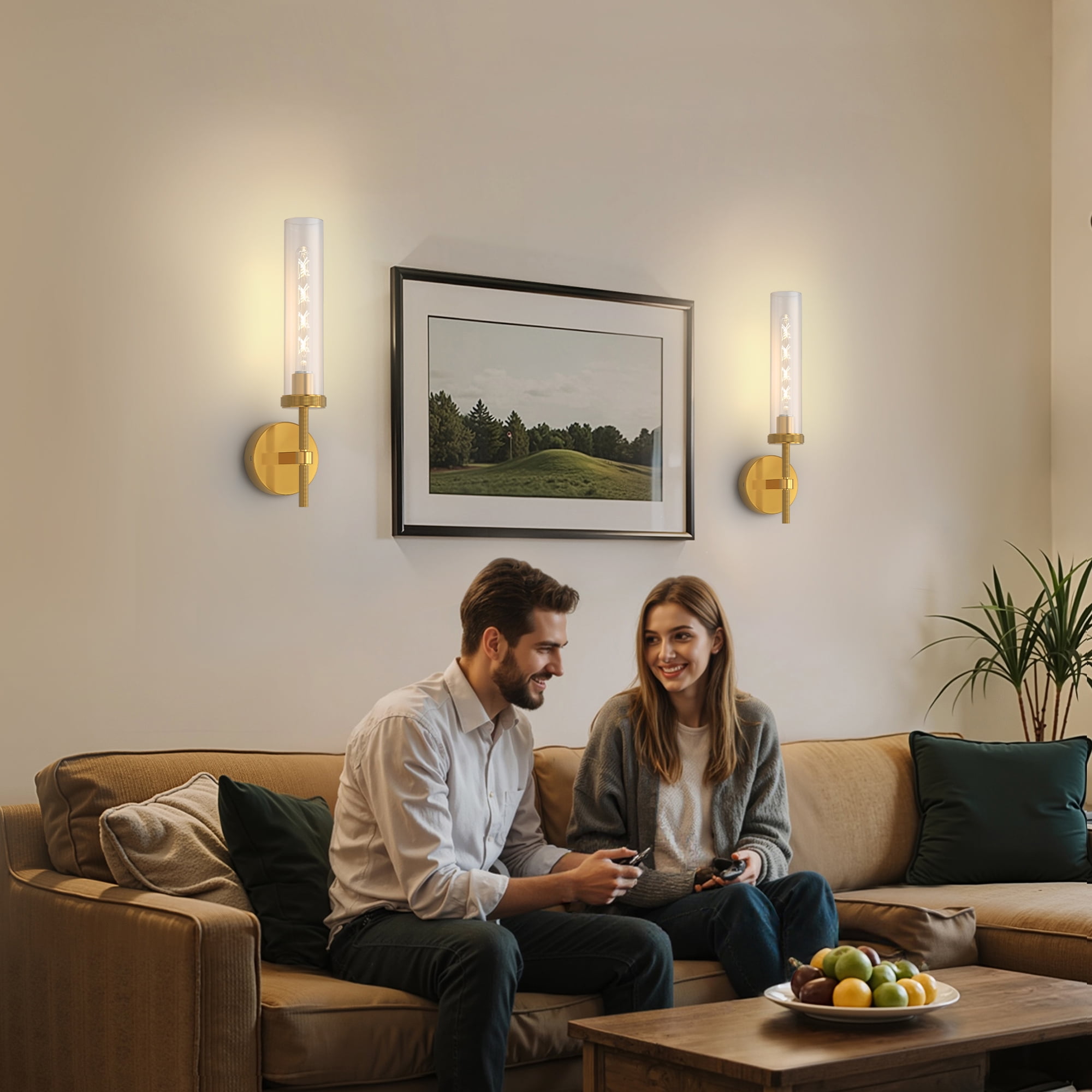 YANSUN 2.7 in 1-Light Brass Wall Sconces, Dimmable 360° Lighting Decorative Wall Lamps for Bedroom Living Room, Hallway(2-Pack)