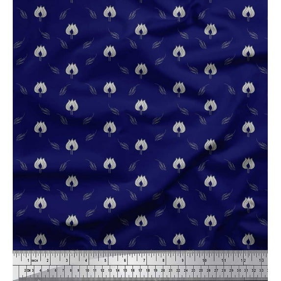 Soimoi Blue Rayon Crepe Fabric Leaves & Lotus Floral Fabric Prints By Yard 46 Inch Wide