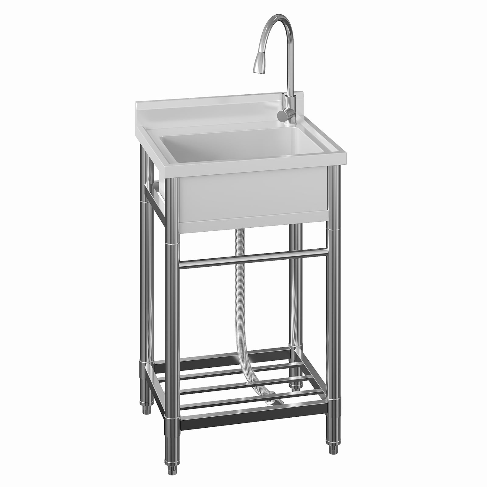 Freestanding Commercial Stainless Steel Sink,Single Bowl Kitchen Sink with Water Pipes,Adjustable Legs,Suitable for Laundry Room,Farmhouse(Water Pipe)
