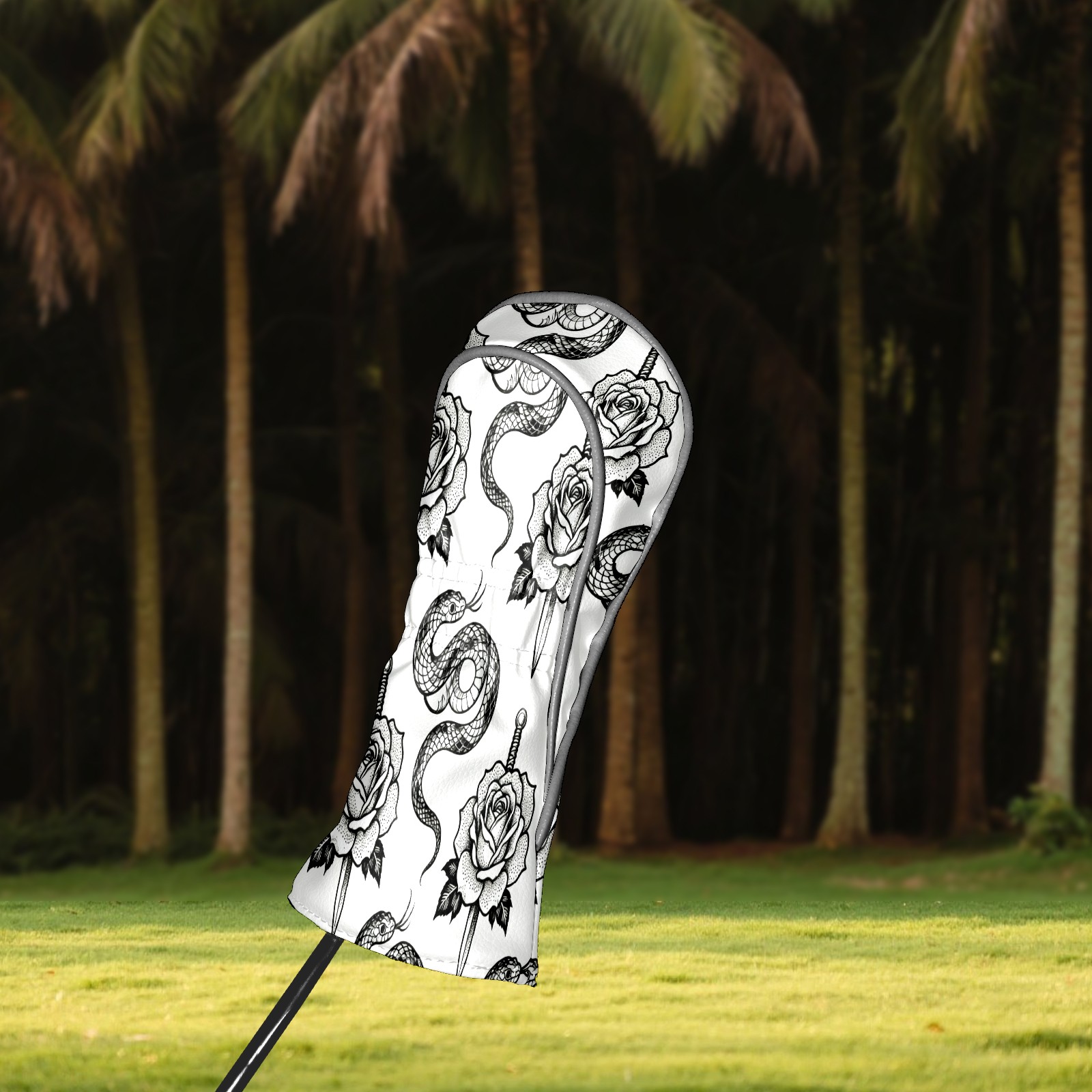 Golf Club Covers, BlackWhite RoseSnake Premium PU Leather Driver Hybrid Putter Head Covers with Velvet Lining, Waterproof Golf Gifts for Men Women