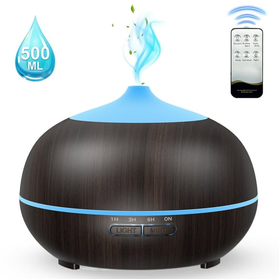 VAVSEA 500ML Essential Oil Diffuser, Aromatherapy Diffuser for Large Bedroom with Remote Control, 7 Colors Light Humidifier for Home with 3 Timer, Wood Grain