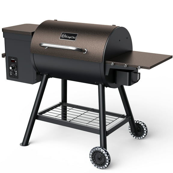 KingChii 456 SQ.IN Pellet Grill Smoker with Side Shelf, BBQ Grill with PID Temperature Control for Outdoor Cooking, BBQ Camping and Patio, Brown