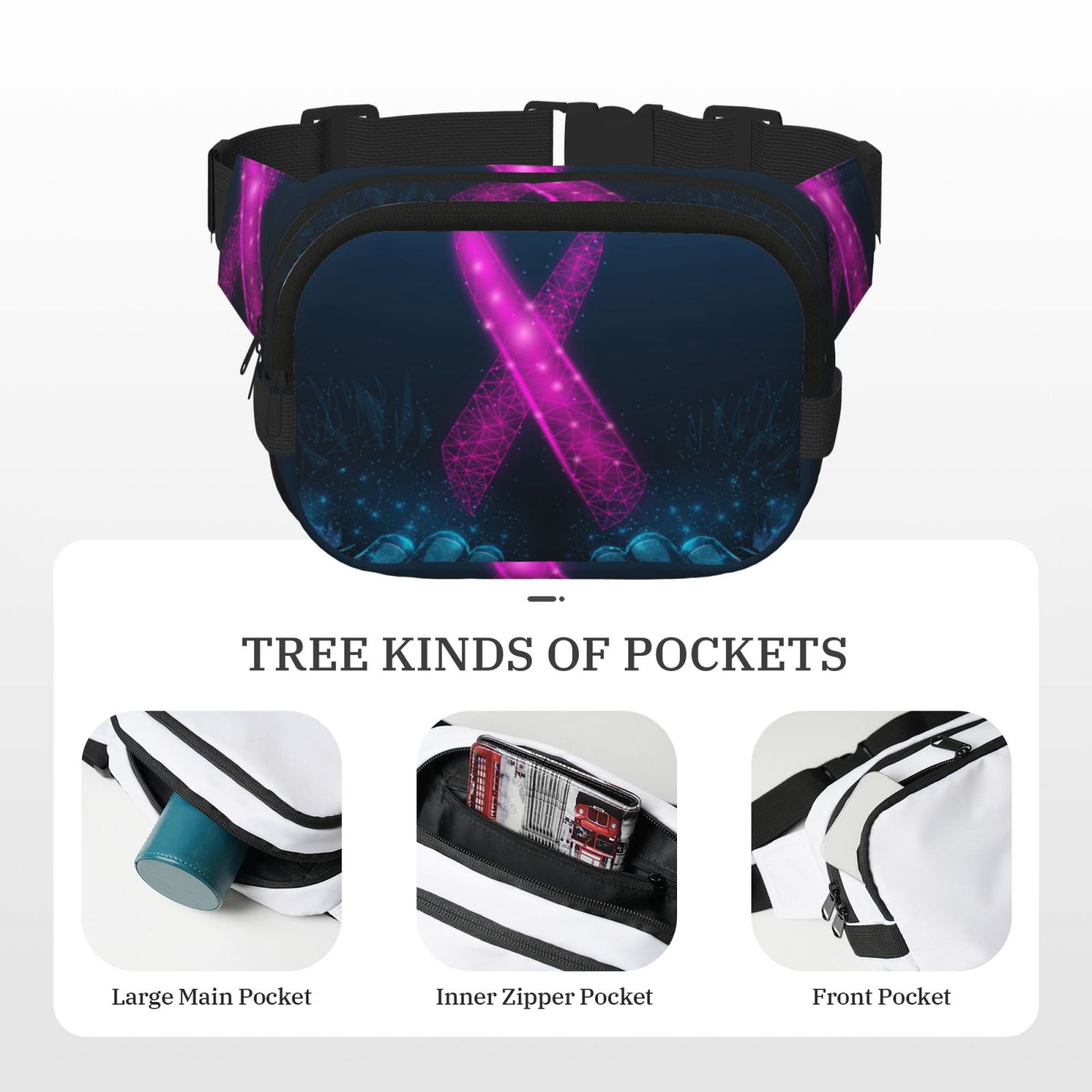 Picia Two Human Hands are Holds Ribbon Awareness Print Square Double-Layer Waist Bag Mini Adjustable Waist Belt Bag Exercise Running Travel Hiking