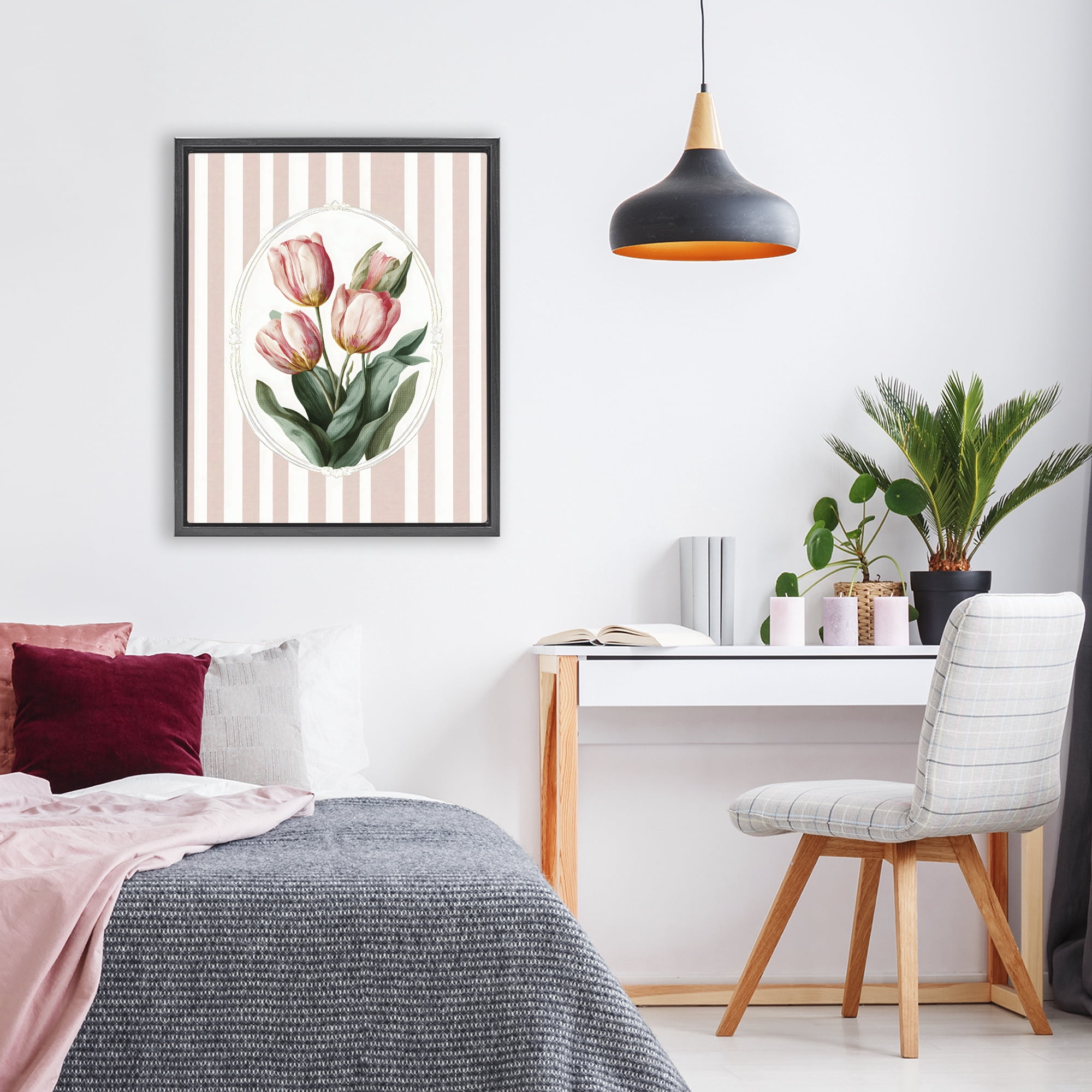 Stupell Industries Vintage Tulips on Stripes Black Framed Floater Canvas Wall Art, design by Ink Drop Loft