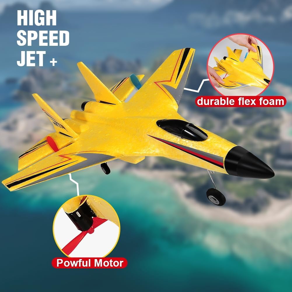 Oenbopo RC Planes,SU-27 RC Airplane,2.4GHz 2 Channel Remote Control Plane with Gyro Night Lights and 2 Batteries, Easy to Fly for Adults, Beginners and Kids,Yellow