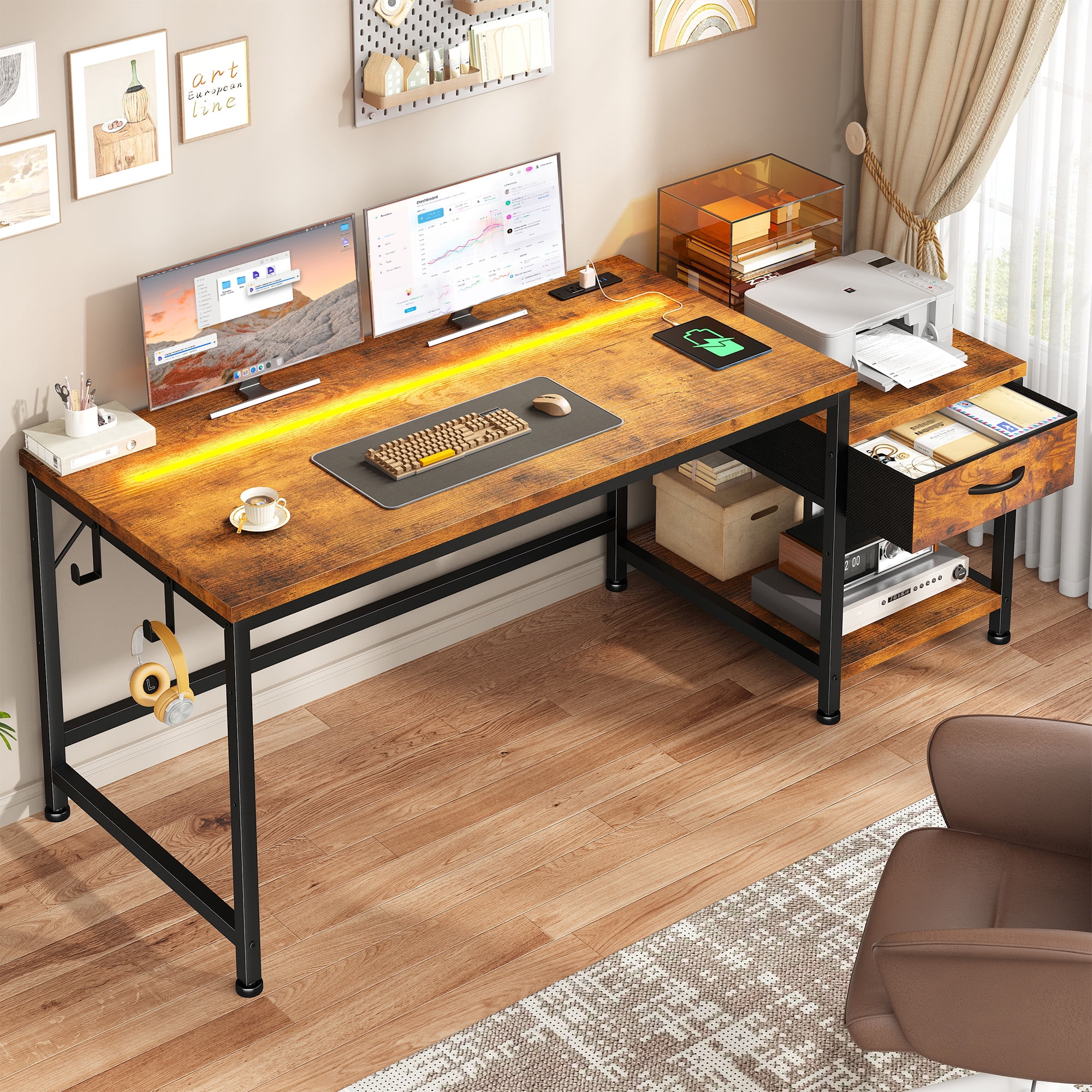 Romorgniz 56"W Gaming Desk with LED Lights & Power Outlets, Computer Desk with Fabric Drawer & Printer Shelf, Small Space Desk for Home Office, Dorm, Bedroom, Rustic Brown