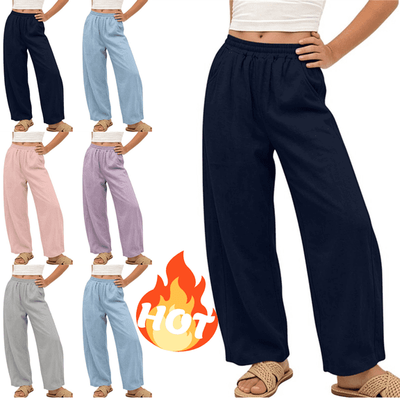 Mifsaly Girls Cotton Linen Barrel Pants Elastic Waist Summer Casual Pant Lightweight Loose Fit Beach Vacation Lounge Outfits with Pockets Navy,7 Years