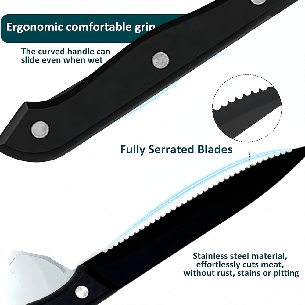 Steak Knives Set of 6,Sharp Serrated Dinner Knife Kitchen Cutting Knife for Meat Cheese Stainless Steel Black Knife Cutlery Set Dishwasher Safe