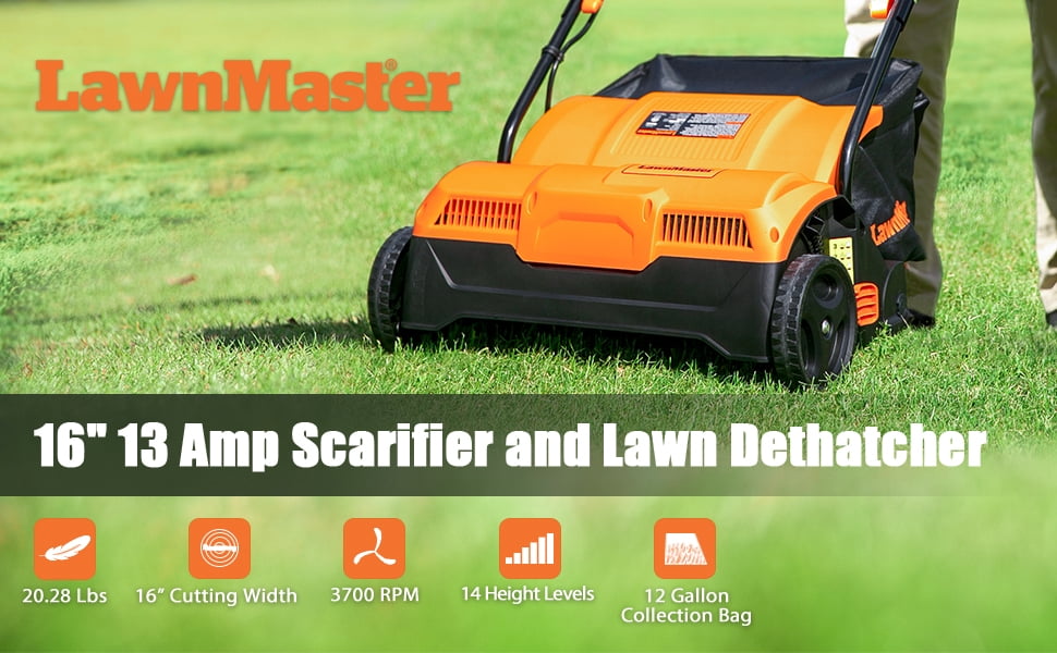LawnMaster GVB1316 Electric 16" 13 Amp Dethatcher and Scarifier with 12 Gallon Collection Bag