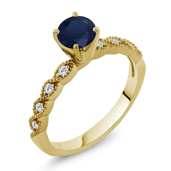 Gem Stone King 18K Yellow Gold Plated Silver Ring Round Blue Sapphire and Moissanite (1.22 Cttw, Size 8)