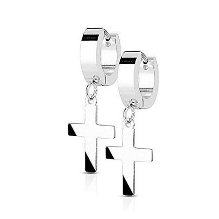 14k Stainless Steel Earrings - 14MM Hoop Earrings Surgical Stainless Steel Rhodium Plated Earrings For Men Women Huggie Hypoallergenic Cross Dangle Hinged Hoop Earrings (Silver)