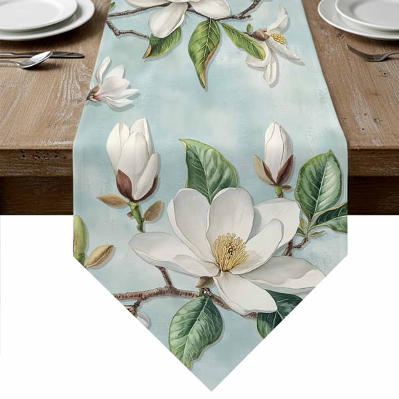 Botanical Floral Table Runner Linen Burlap Table Runner 90 Inches Long Pastoral Magnolia Flowers Leaves Plant Dresser Scarves for Kitchen Island Coffee Dining Party Wedding Holiday Decor 13"x90"