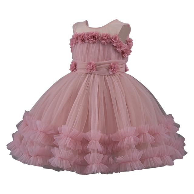 Princess Dress for Girls, Sleeveless Round-Neck Mesh Skirt with Ruffled Lace, Embroidery, Bow Accent, Lightweight Summer Party Dress