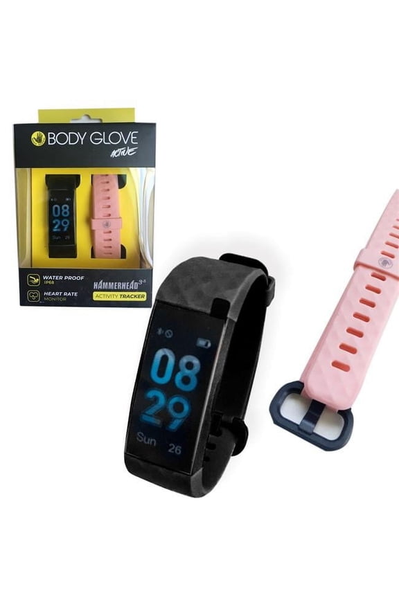 Body Glove Body Glove Activty & Fitness Tracker & Heart Rate Monitor with Alternative Colored Extra Strap, Black Watch with Pink extra strap