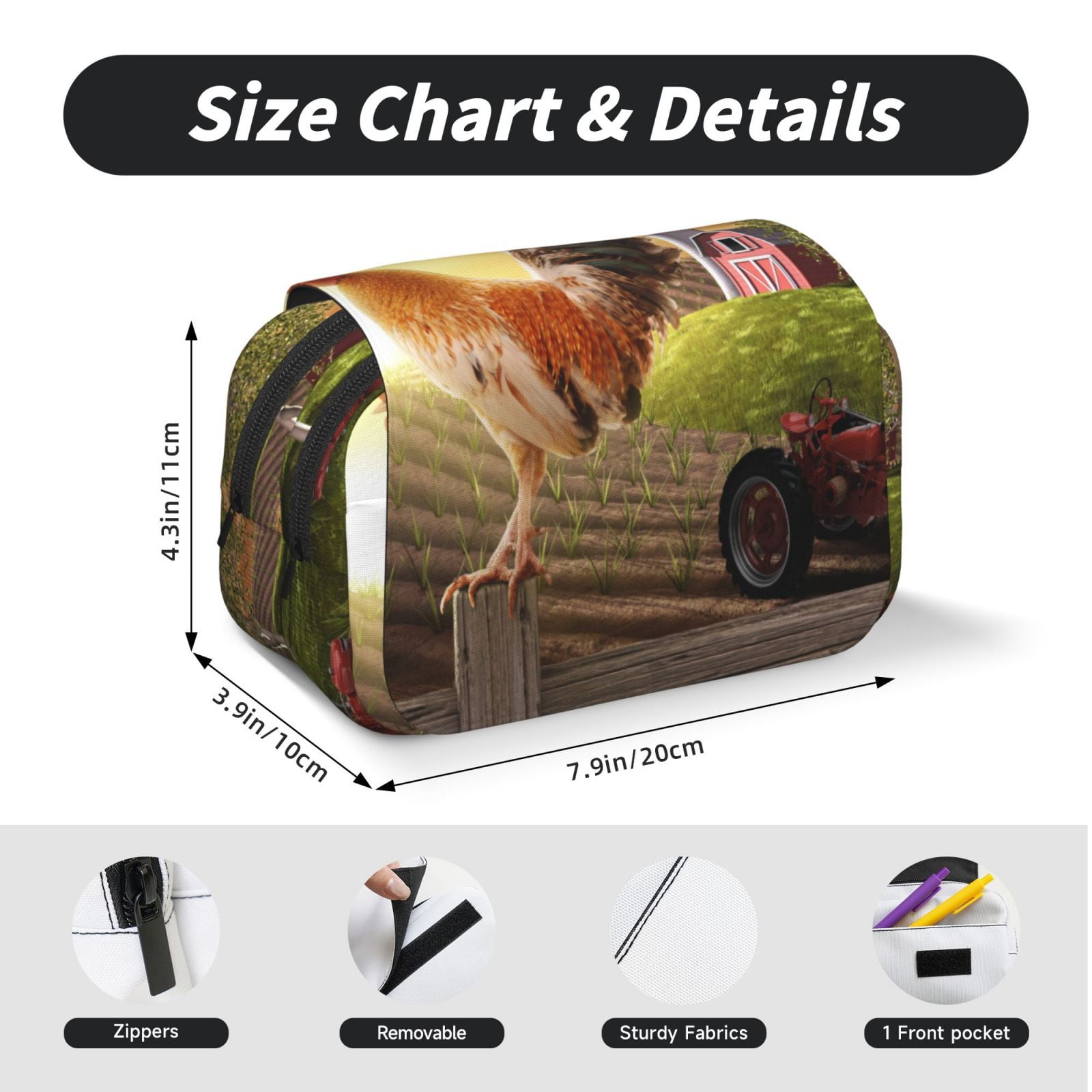 Rateoe Country Farm Morning Rooster Pattern Double Clamshell Pen Case, Storage Organizer with Two Zipper Compartments– Holds Up to 50 Pencils & Pens