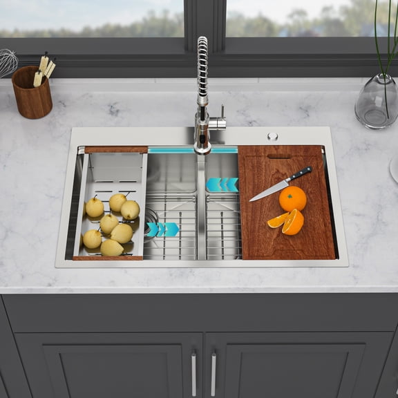 Acpouw Topmount Drop in Kitchen Sink - 33"x 22" x 10" Double Bowl (50/50) Kitchen Sink 16 Gauge with Two 10" Deep Basin, Brushed Nickel
