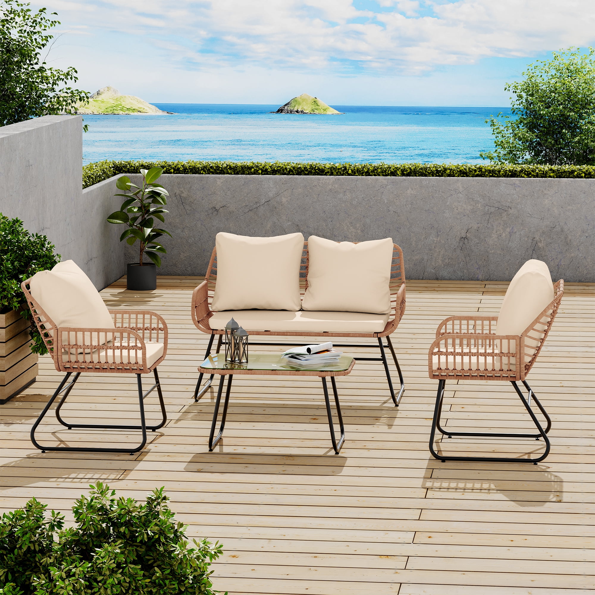 LHBcraft 4-Piece Outdoor Patio Furniture Set - All-Weather Wicker Conversation Set with Cushions & Tempered Glass Table