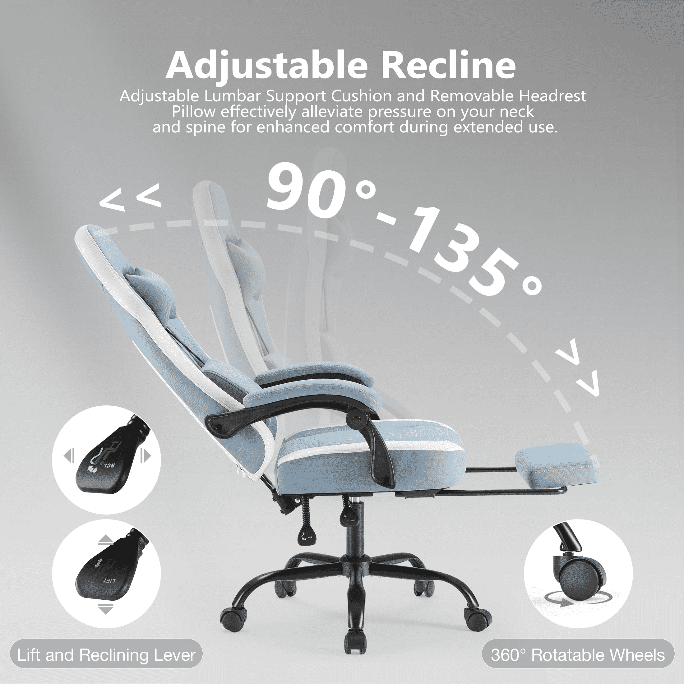 MAYEERTY Ergonomic Gaming Computer Chair with Pocket Spring Cushion, Adjustable Headrest Lumbar Pillow, 90°-135° Reclining Height Adjustable Desk Chair with Armrests