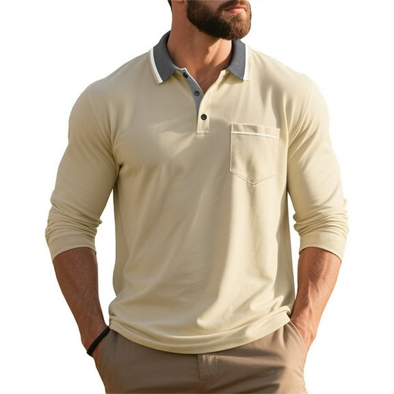 Rggeeun Men's Long Sleeve Polo Shirts Male Light Fashionable Casual Loose Fitting Large Sized Lapel And Pocket Shirt Tops Fashion