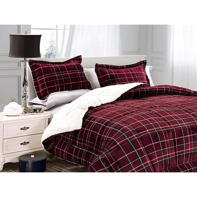 Mocassi Heavy Weight Plaid Pattern 3PC Comforter Set - Micromink Sherpa-Backing, Down Alternative Micro-Suede, 3-Piece Comforter Set, Twin/Twin XL, Burgundy