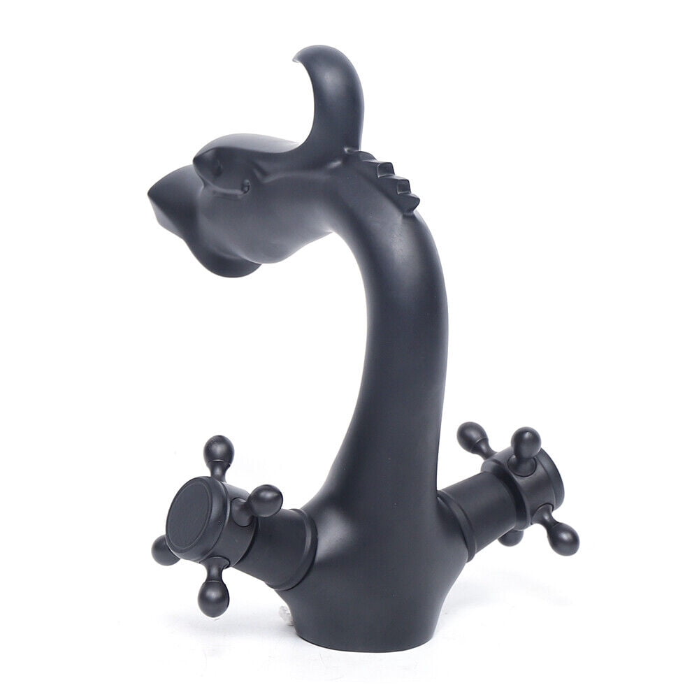 Black Bathroom Faucet for Sink with 2 Handles, 1-Hole Dragon-Shape Hot and Cold Water Taps Mixer Tap