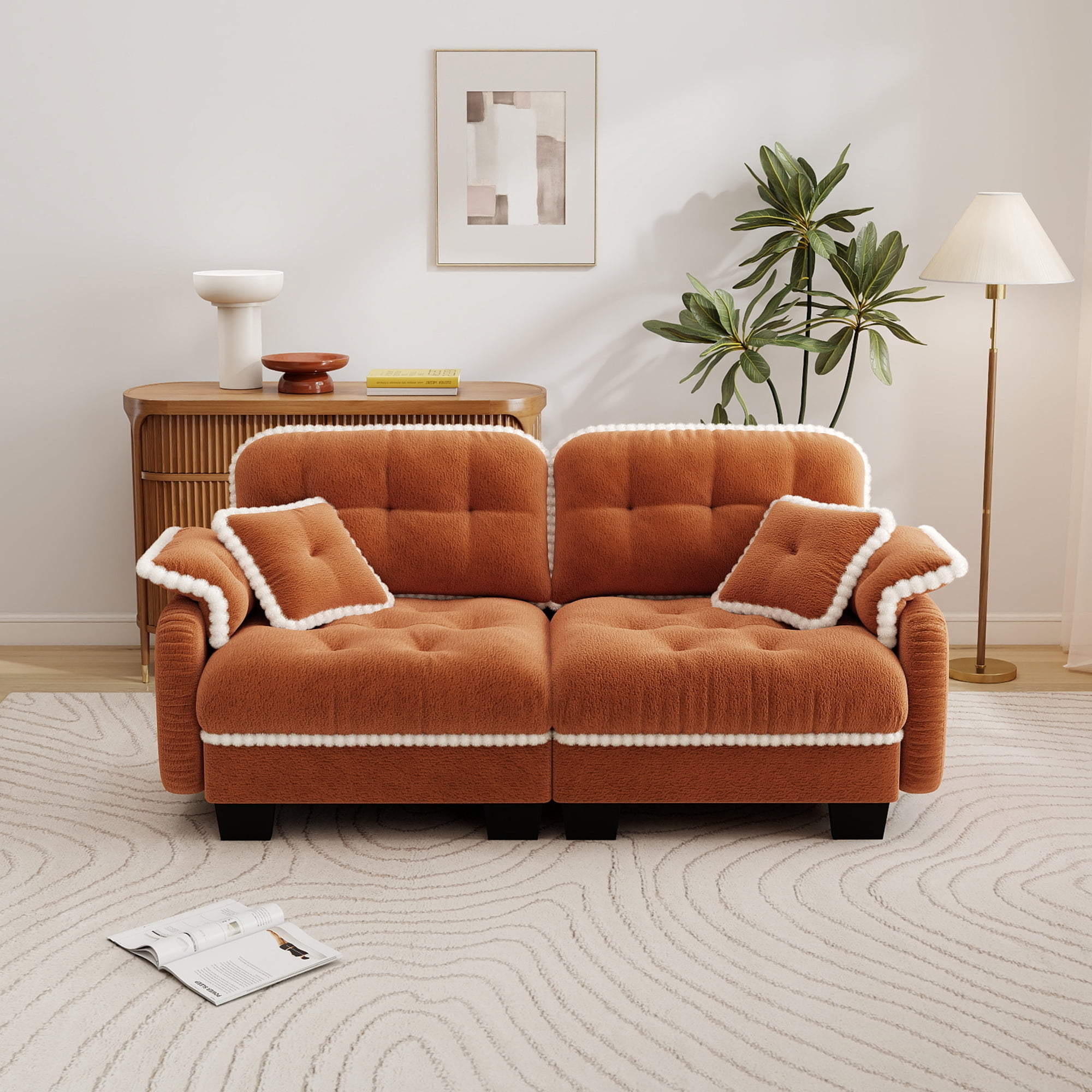 Aenkyo 70" Chenille Modular Loveseat with 23.8" Deep Seat and Pom-Pom Trim, Orange