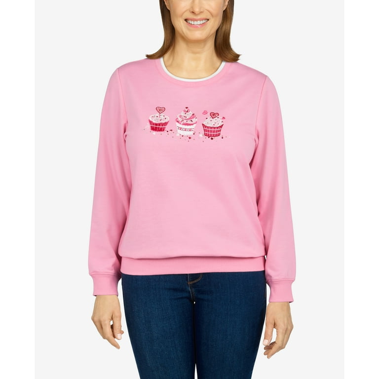 Alfred Dunner Womens Petite Cupcakes Embroidered Crew Neck