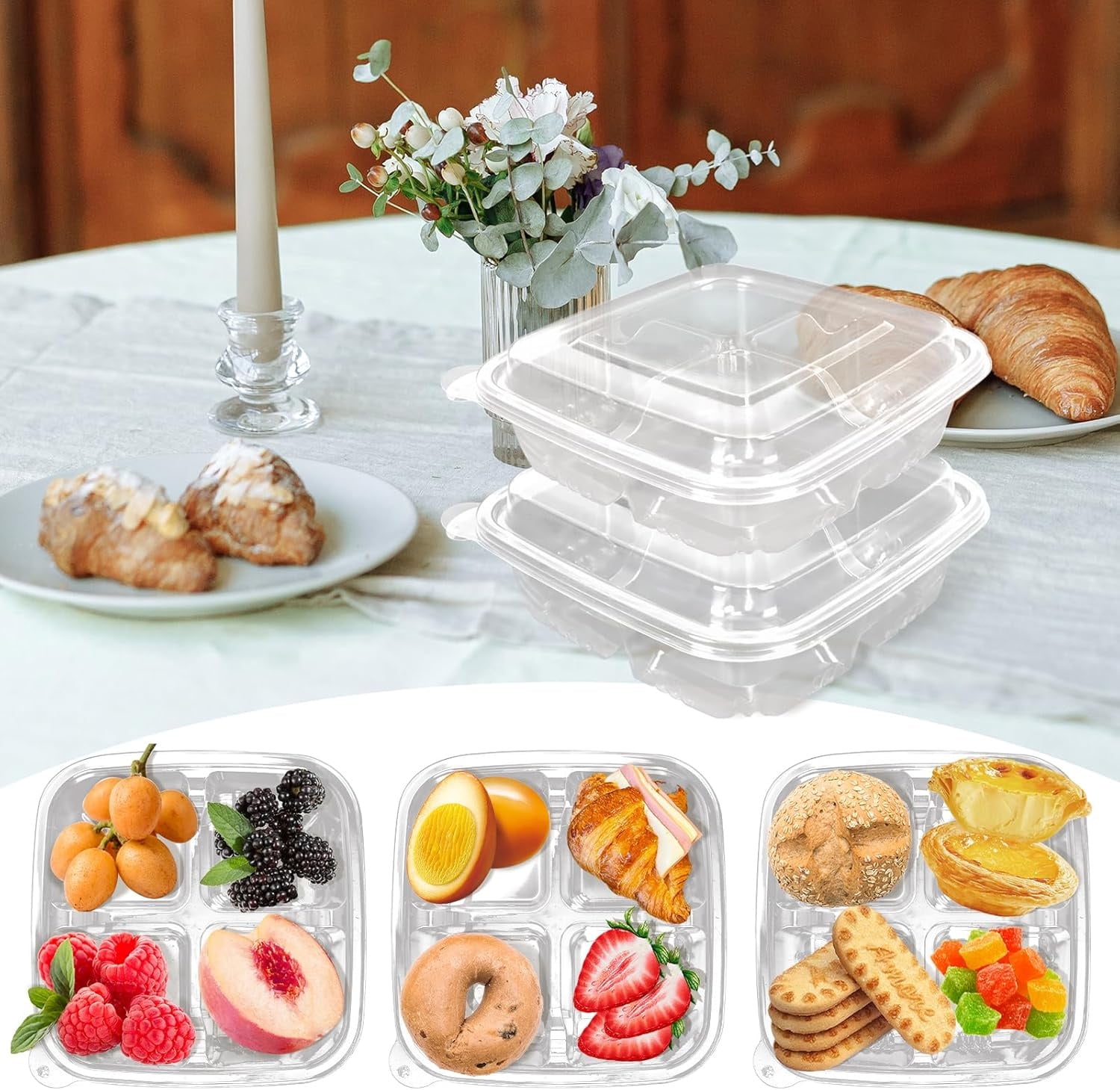 50 Pcs Disposable Clear Plastic Bento Boxes,4 Compartment Snack Containers Leakproof Food Container,Stackable Travel Lunch Boxes with Lids Divided Food Storage Containers for  Work Travel